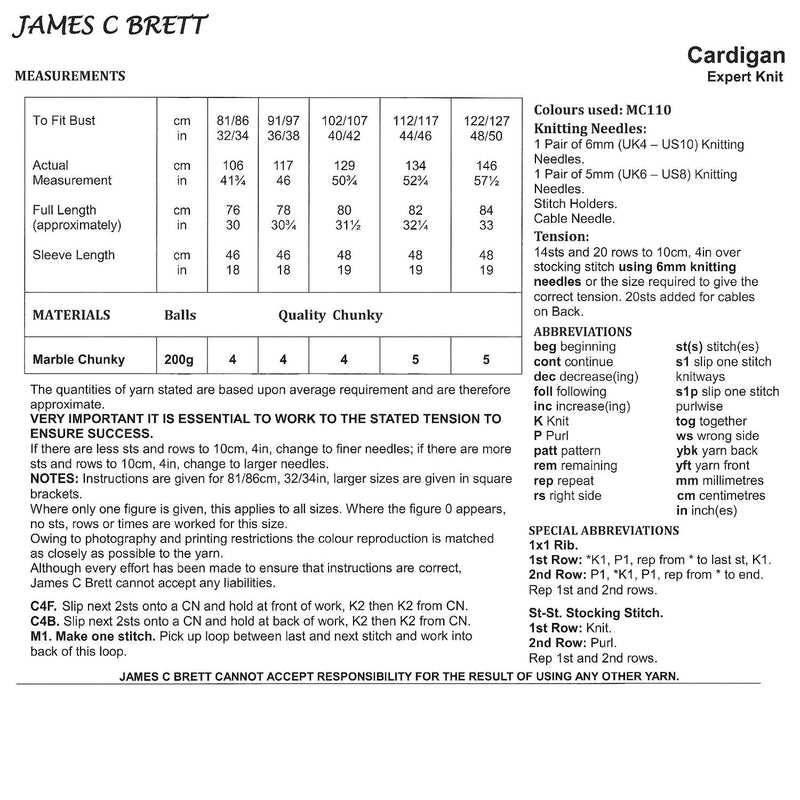 James C Brett JB842 Chunky Knitting Pattern - Ladies Cardigan (Expert Knit)