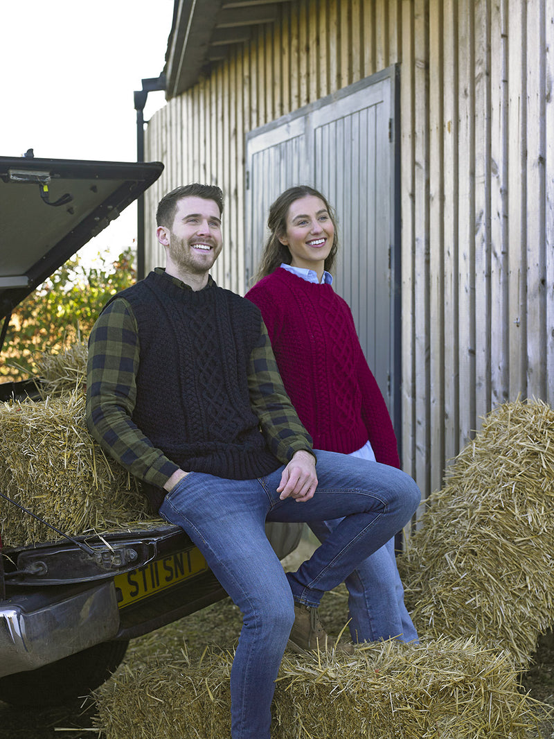 James C Brett JB852 Aran Knitting Pattern for Adults - Sweater & Slipover - Intermediate Knit