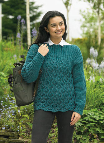 James C Brett JB910 Aran Knitting Pattern - Ladies Sweater - Intermediate Knit