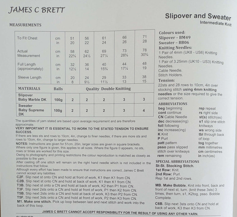James C Brett JB970 Double Knitting Pattern - DK Sweater & Slipover for Children (20-28in) Intermediate