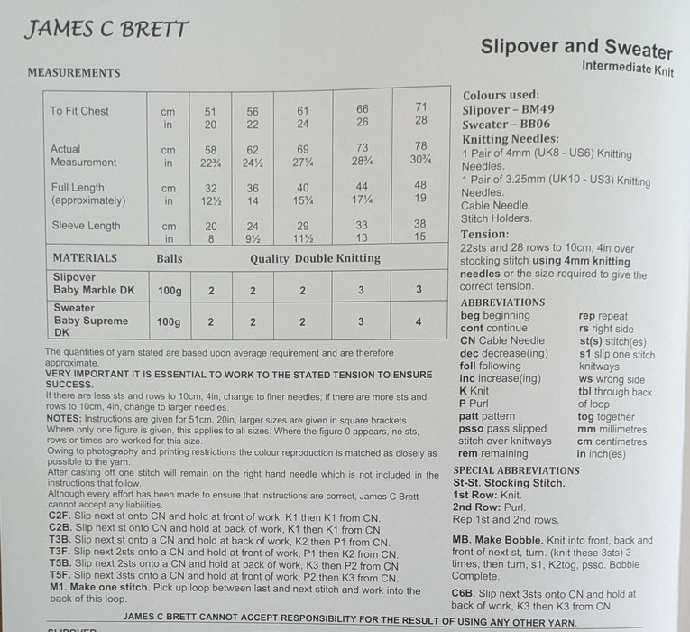 James C Brett JB970 Double Knitting Pattern - DK Sweater & Slipover for Children (20-28in) Intermediate