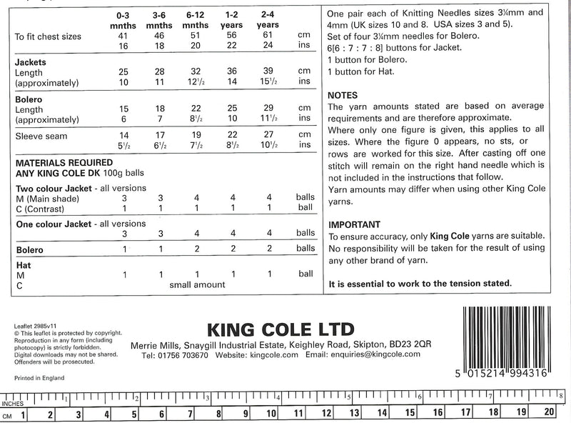 King Cole 2985 DK Knitting Pattern - Baby Jackets, Hat and Bolero (0-4 Years)