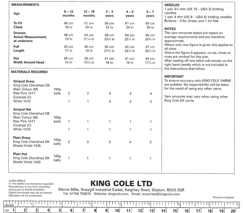 King Cole 4650 DK Knitting Pattern - Easy Knit Dresses & Hat (18-26in)