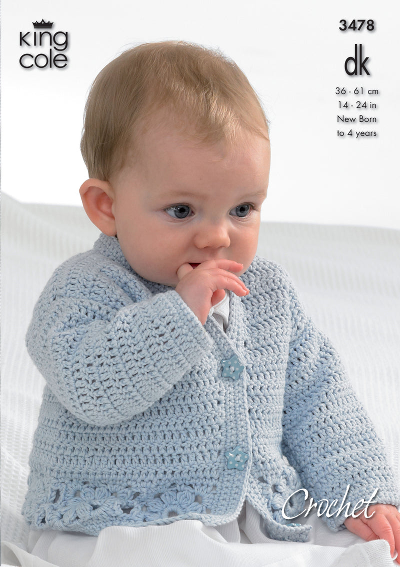 King Cole 3478 CROCHET Pattern - Cotton DK Baby Cardigan, Hooded Gilet, & Sweaters (0 to 4yrs)