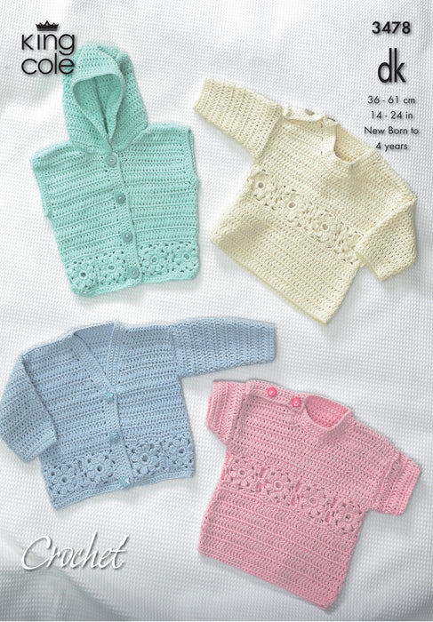 King Cole 3478 CROCHET Pattern - Cotton DK Baby Cardigan, Hooded Gilet, & Sweaters (0 to 4yrs)