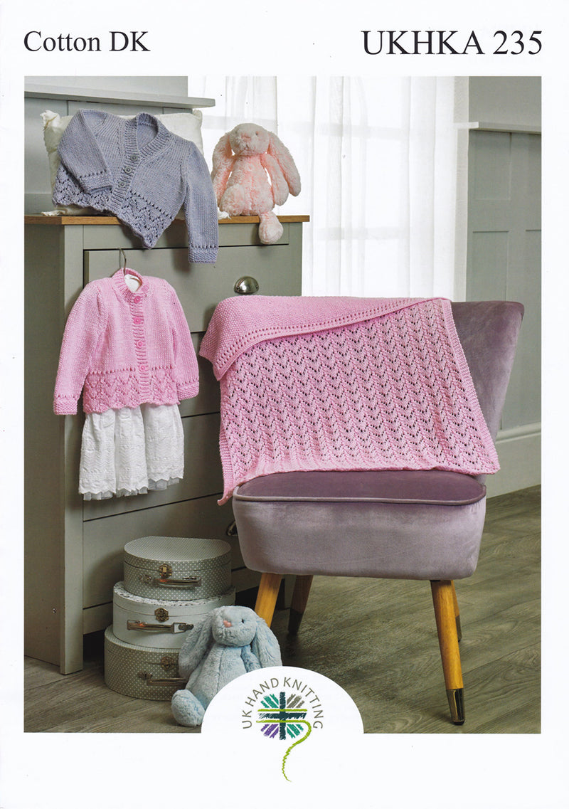 UKHKA 235 Double Knitting Pattern - Cotton DK Baby Cardigans & Blanket (14-22in)