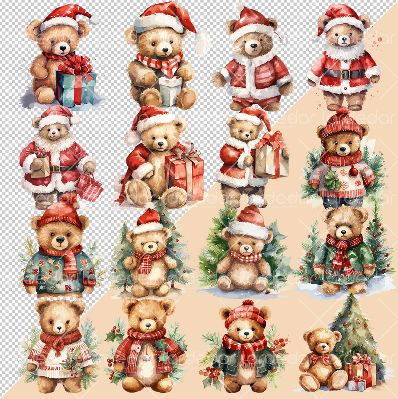 20 Christmas Bears Clipart | High Quality Downloadable PNG Watercolour Pack