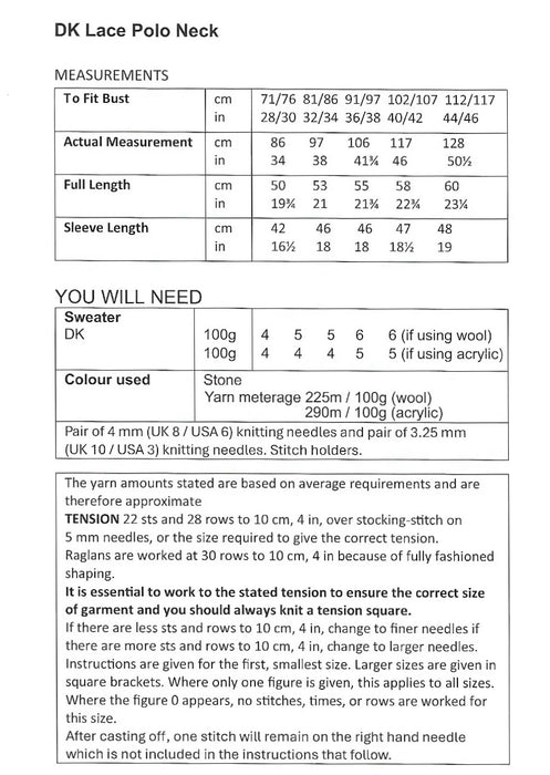 UKHKA 265 Double Knitting Pattern - DK Ladies Polo Neck Sweater (28-46in)