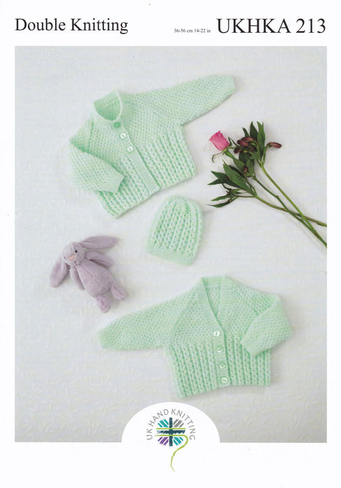 UKHKA 213 Double Knitting Pattern - DK Baby Cardigans & Hat (14-22 in)