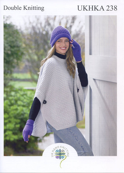 UKHKA 238 Double Knitting Pattern - Ladies DK Poncho, Hat & Fingerless Gloves