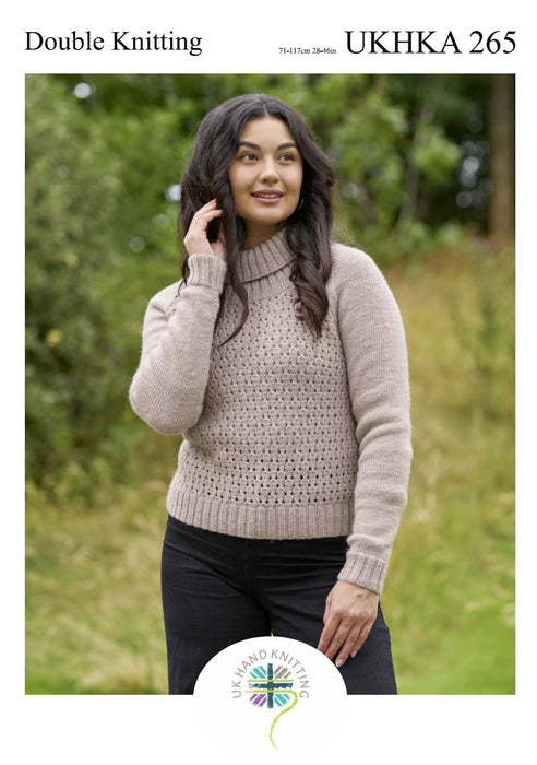 UKHKA 265 Double Knitting Pattern - DK Ladies Polo Neck Sweater (28-46in)