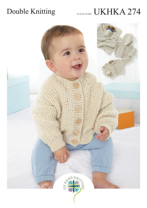 UKHKA 274 Double Knitting Pattern - DK Baby Cardigans & Blanket (16-24in)