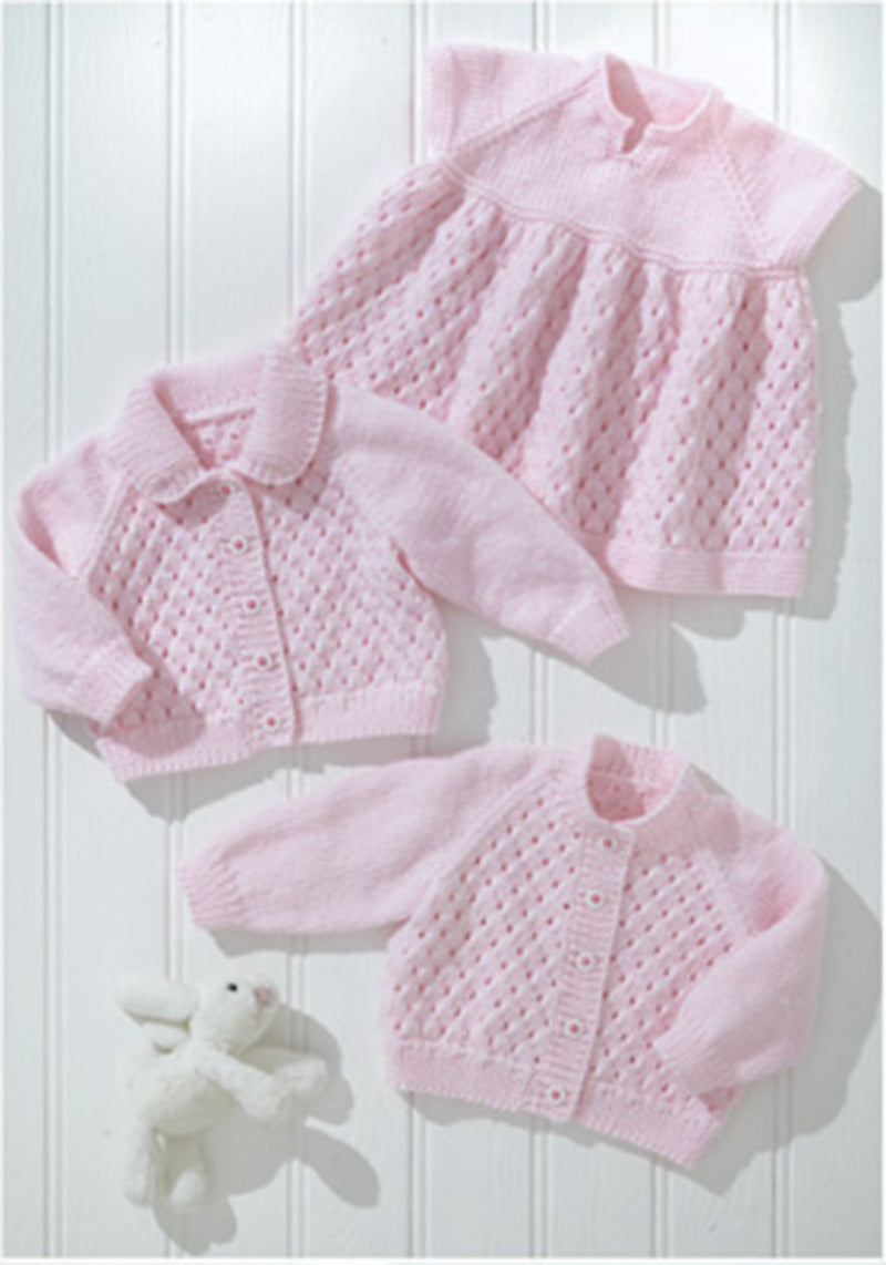 UKHKA 275 Double Knitting Pattern - DK Baby Cardigans & Dress (14-22in)