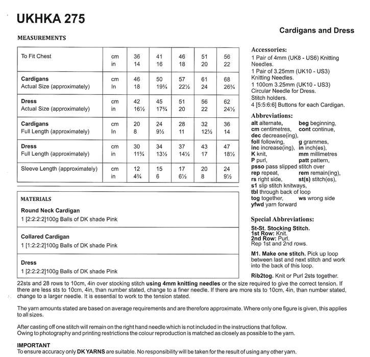 UKHKA 275 Double Knitting Pattern - DK Baby Cardigans & Dress (14-22in)