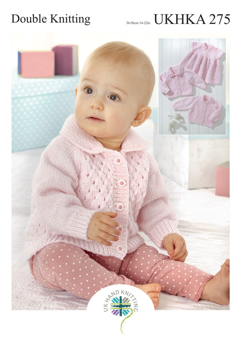 UKHKA 275 Double Knitting Pattern - DK Baby Cardigans & Dress (14-22in)
