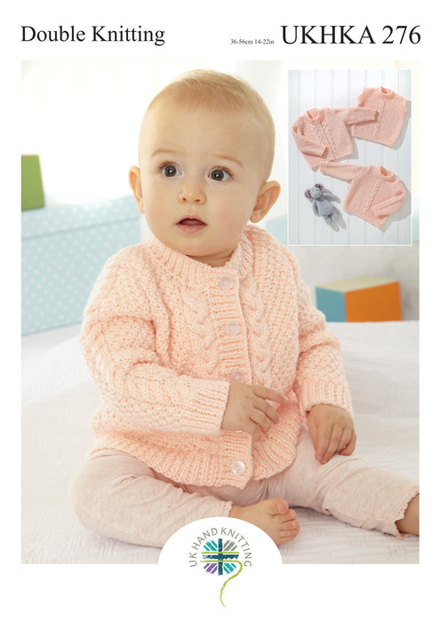 UKHKA 276 Double Knitting Pattern - DK Baby Cardigan, Sweater & Slipover (14-22in)