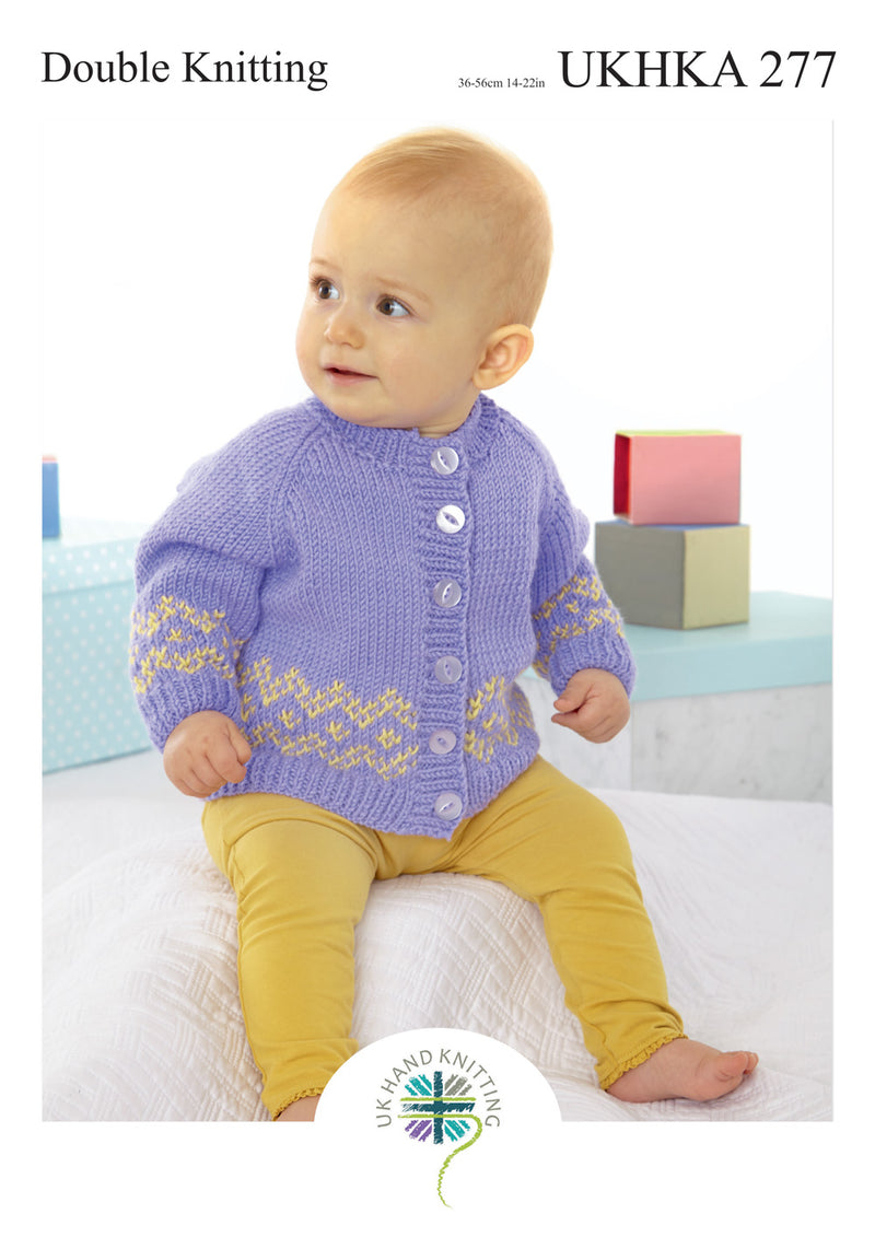 UKHKA 277 Double Knitting Pattern - DK Baby Cardigans & Hat (14-22in)
