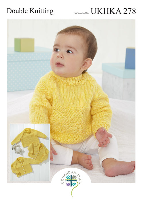 UKHKA 278 Double Knitting Pattern - DK Baby Cardigans & Sweater (14-22in)