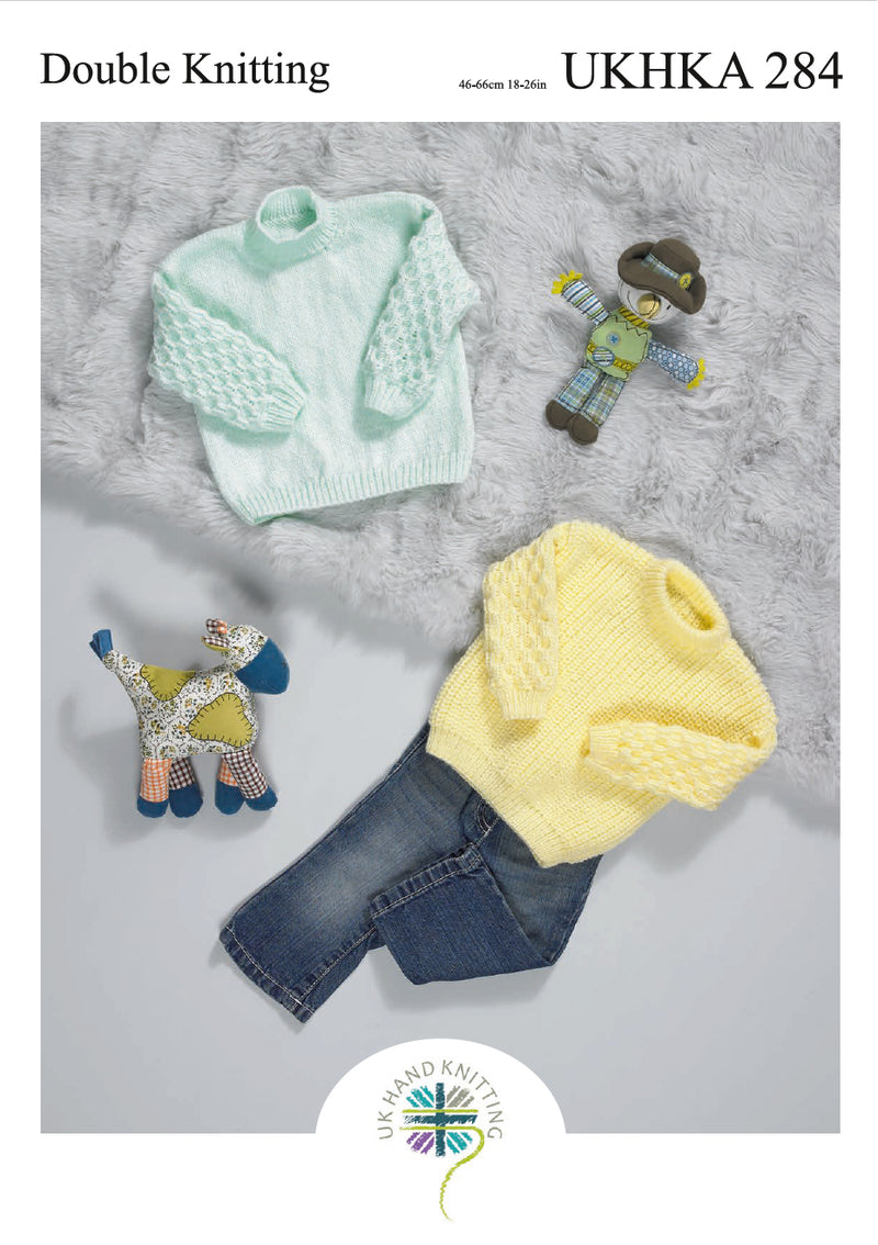 UKHKA 284 Baby Textured Sleeve Sweater Knitting Pattern DK (18-26in)