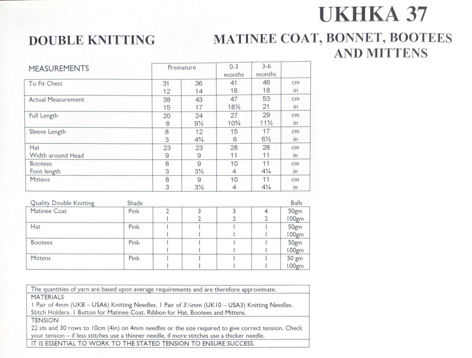 UKHKA 37 Baby Matinee Coat, Bonnet, Bootees & Mittens DK Knitting Pattern (Premature–6 Months)