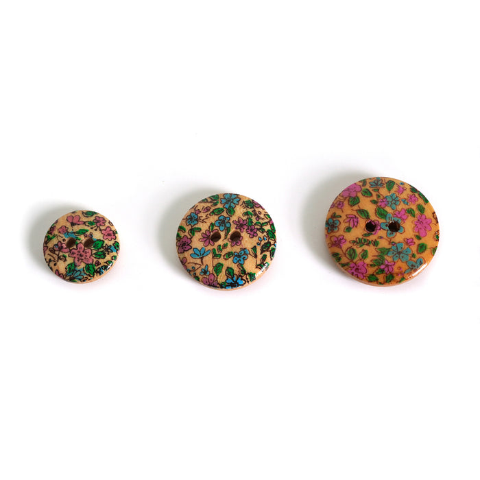 Maple Wood Buttons With Floral Print (2 Hole) 10 Pcs, 15mm, 20mm or 23mm