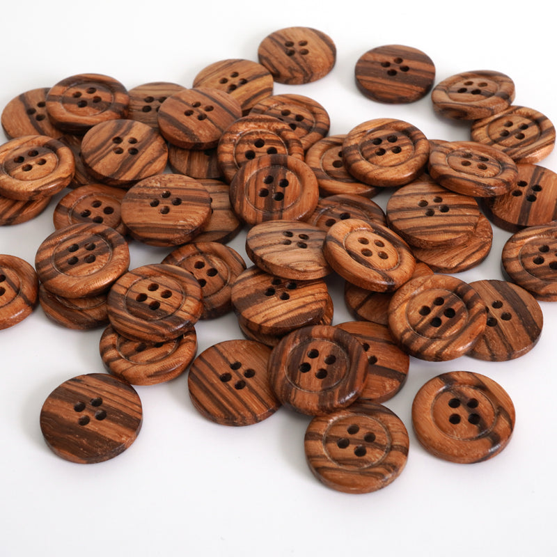 4-Hole Olive Wood Buttons (5 Pcs) - 18mm 23mm or 25mm Wooden w/ Raised Rim - Knitting