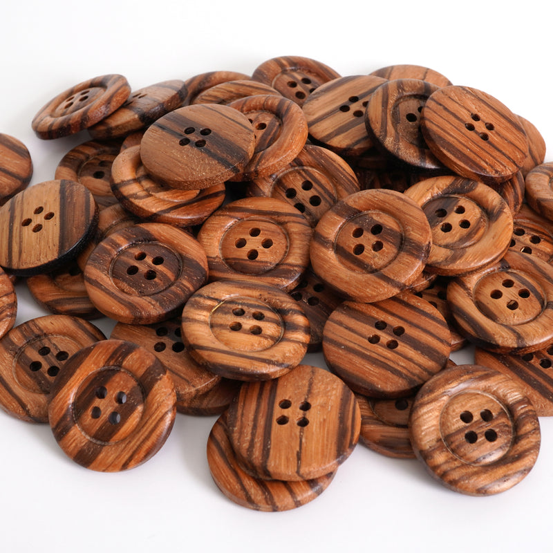 4-Hole Olive Wood Buttons (5 Pcs) - 18mm 23mm or 25mm Wooden w/ Raised Rim - Knitting