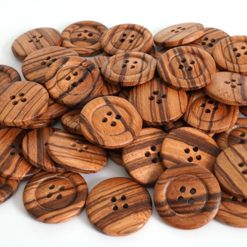 4-Hole Olive Wood Buttons (5 Pcs) - 18mm 23mm or 25mm Wooden w/ Raised Rim - Knitting
