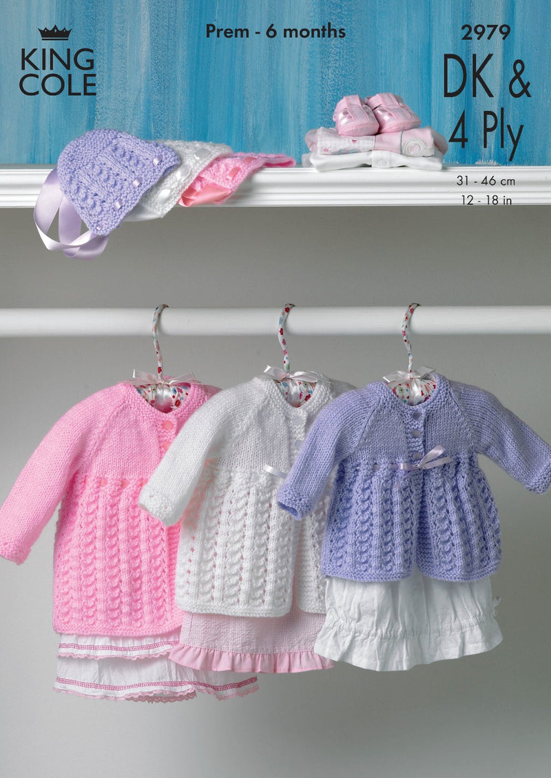 King Cole 2979 Baby Knitting Pattern - DK or 4Ply Matinee Coat & Bonnet (Prem-6mnth)