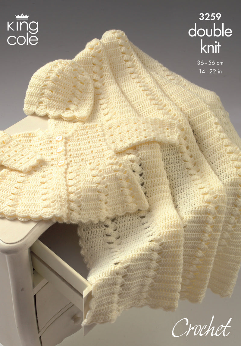 King Cole 3259 CROCHET Pattern - Baby Coat, Shawl and Hat