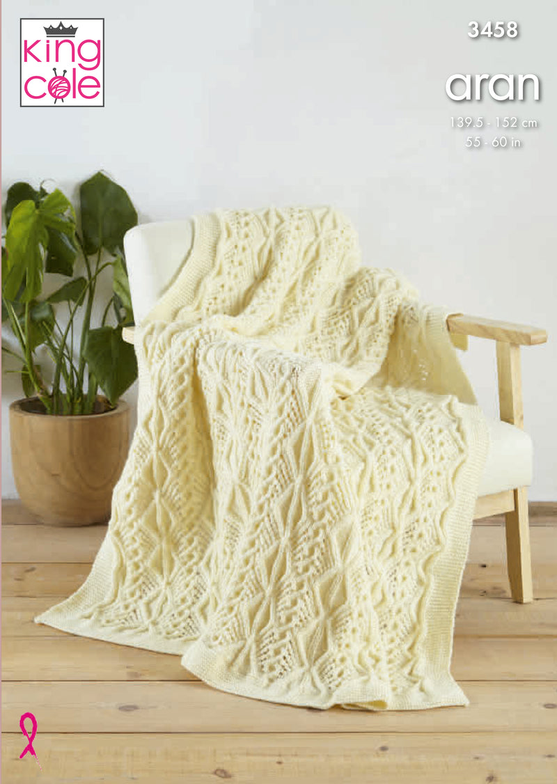 King Cole 3458 Aran Knitting Pattern - Afghan Blanket Knitted in King Cole Fashion Aran
