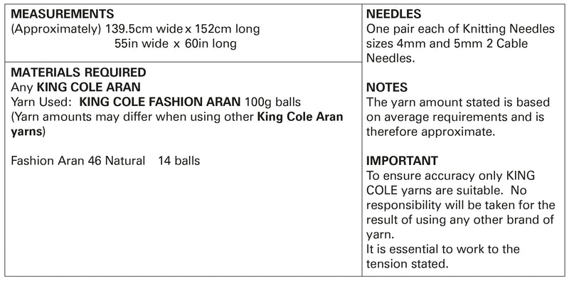 King Cole 3458 Aran Knitting Pattern - Afghan Blanket Knitted in King Cole Fashion Aran