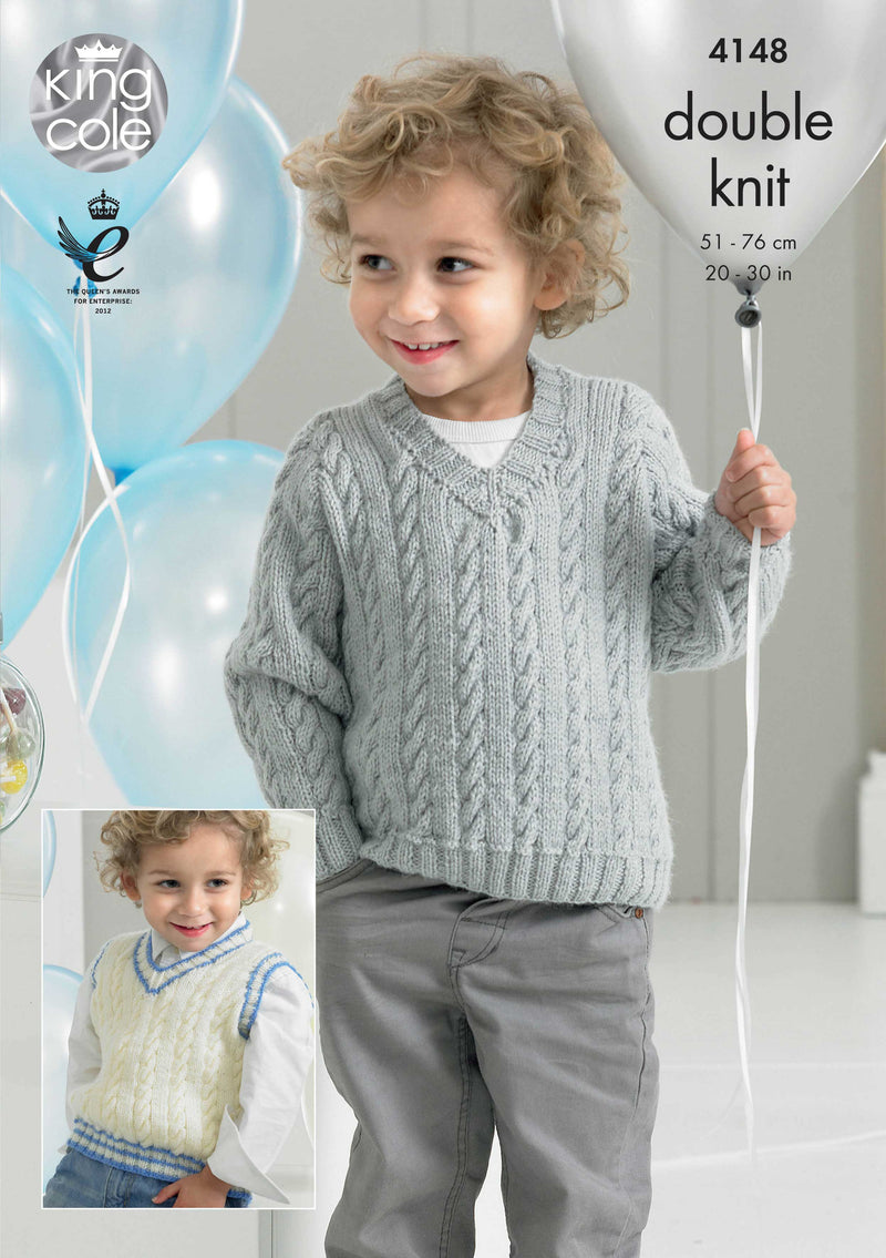 King Cole 4148 DK Knitting Pattern for Boys - Sweaters / Jumpers & Slipover (20-30in)