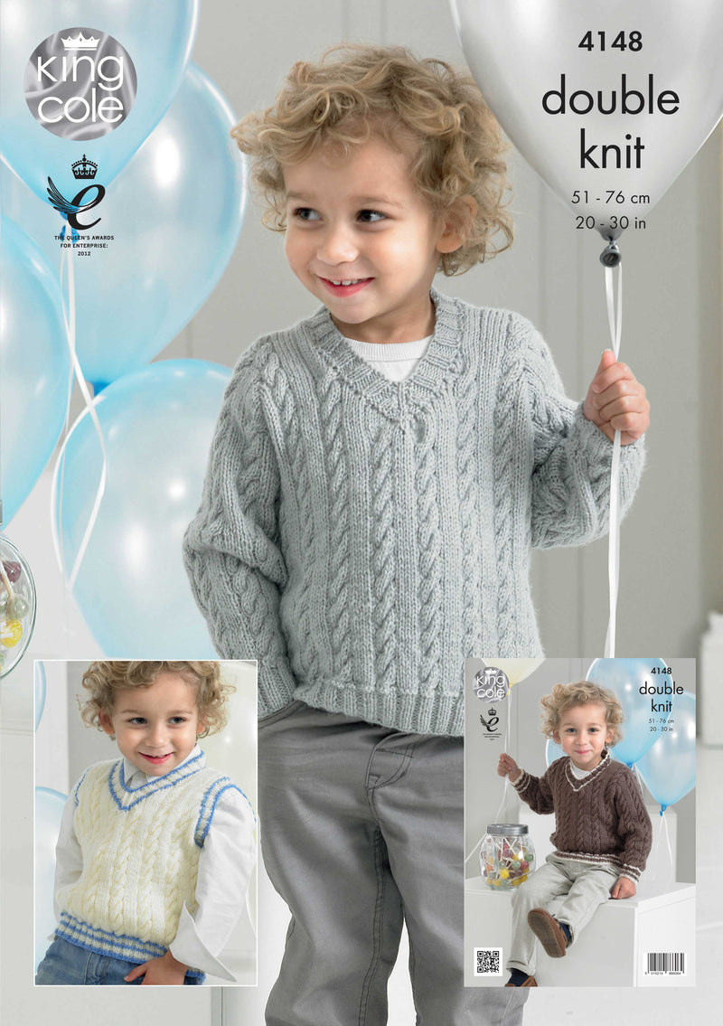 King Cole 4148 DK Knitting Pattern for Boys - Sweaters / Jumpers & Slipover (20-30in)