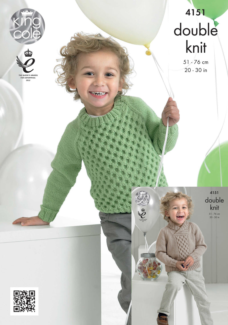 King Cole 4151 Double Knitting Pattern for Boys - DK Sweaters / Jumpers (20-30in)