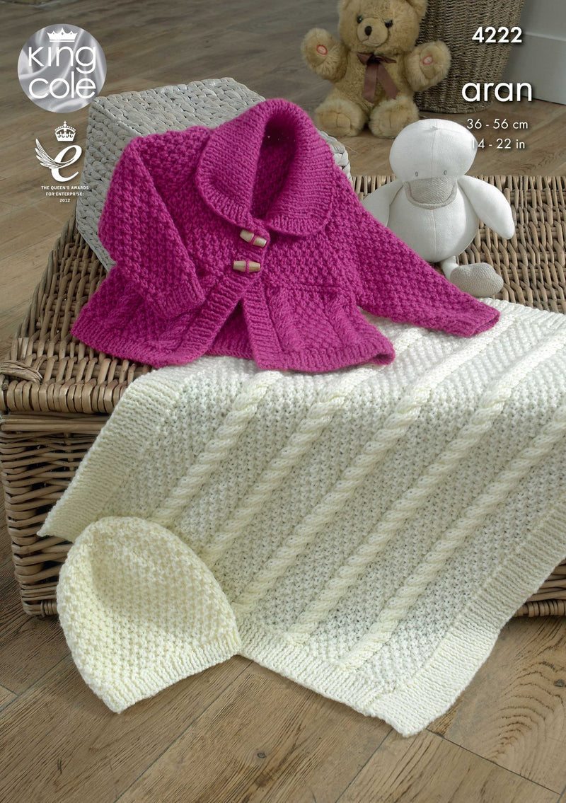 King Cole 4222 Aran Knitting Pattern - Baby Jacket, Blanket & Hat (14-22in)