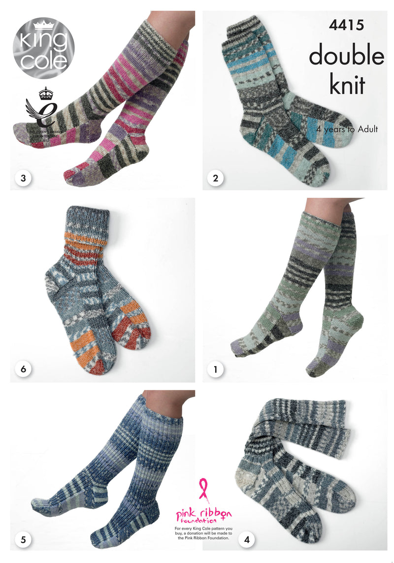 King Cole 4415 DK Knitting Pattern - 6 Designs for Age 4 to Adult Ladies / Mens Socks