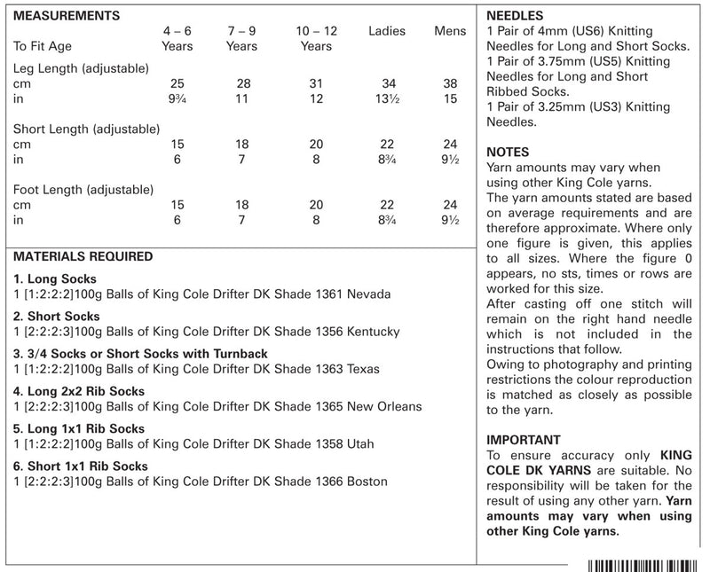 King Cole 4415 DK Knitting Pattern - 6 Designs for Age 4 to Adult Ladies / Mens Socks
