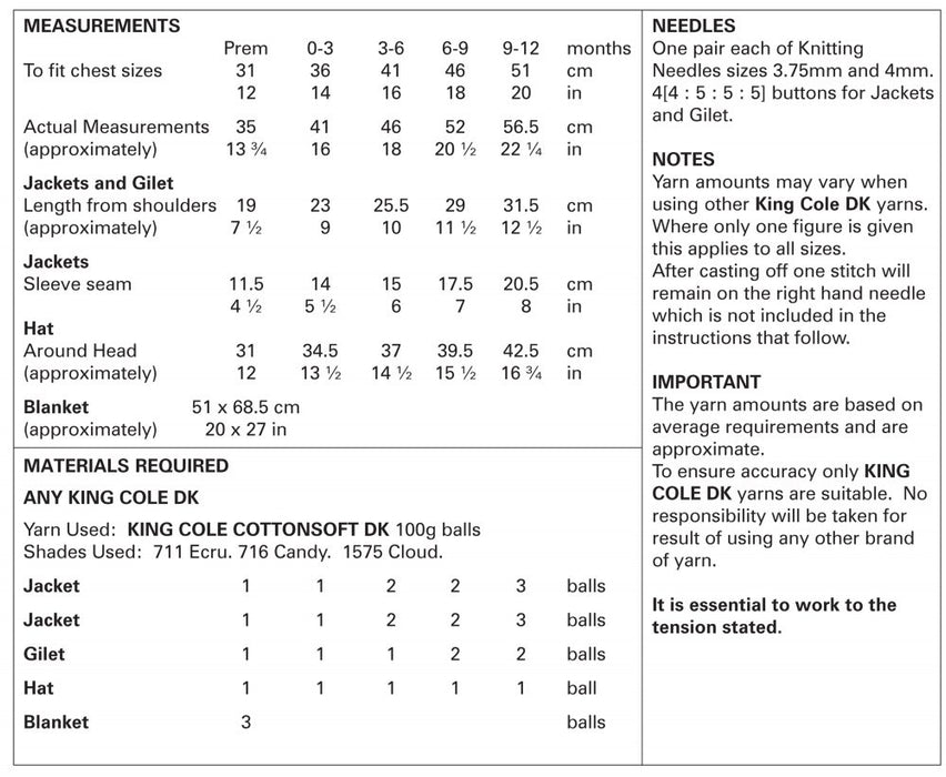 King Cole 4430 Double Knitting Pattern - Easy Knit Blanket, Jackets, Gilet & Hat DK (Prem to 12 Mnths)