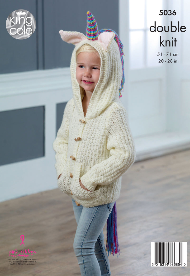 King Cole 5036 DK Knitting Pattern - Unicorn Cardigan & Sweater for Children (20-28in)