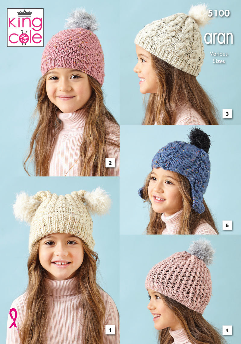 King Cole 5100 Aran Knitting Pattern -  Children's Hats (4 - 12 Years)