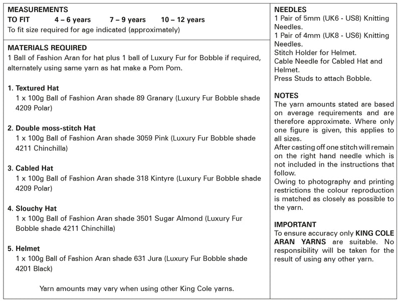 King Cole 5100 Aran Knitting Pattern -  Children's Hats (4 - 12 Years)
