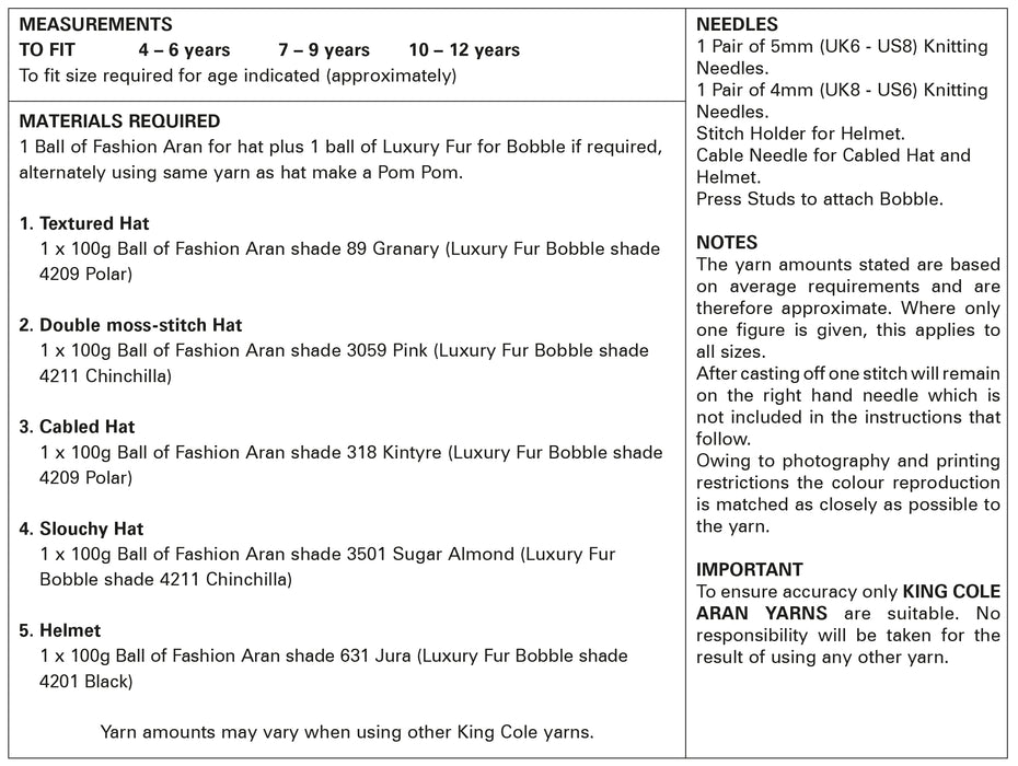 King Cole 5100 Aran Knitting Pattern -  Children's Hats (4 - 12 Years)