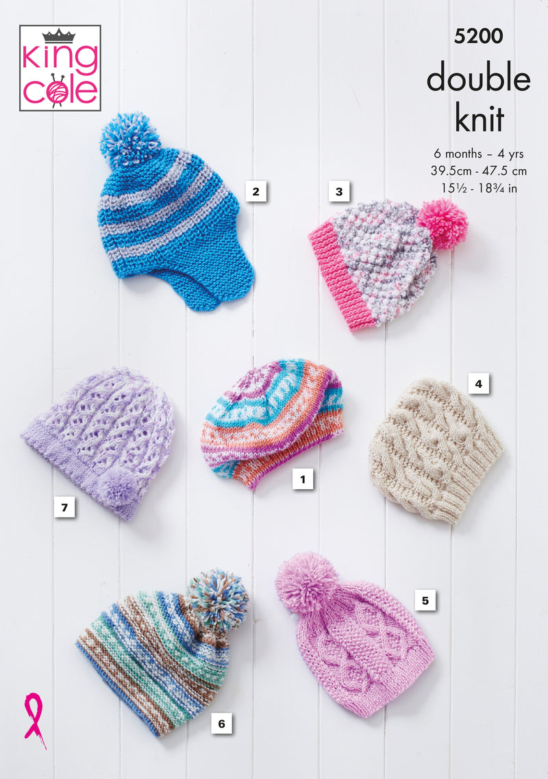 King Cole 5200 Double Knitting Pattern - DK Baby Children's Hats (6mths - 4yrs)