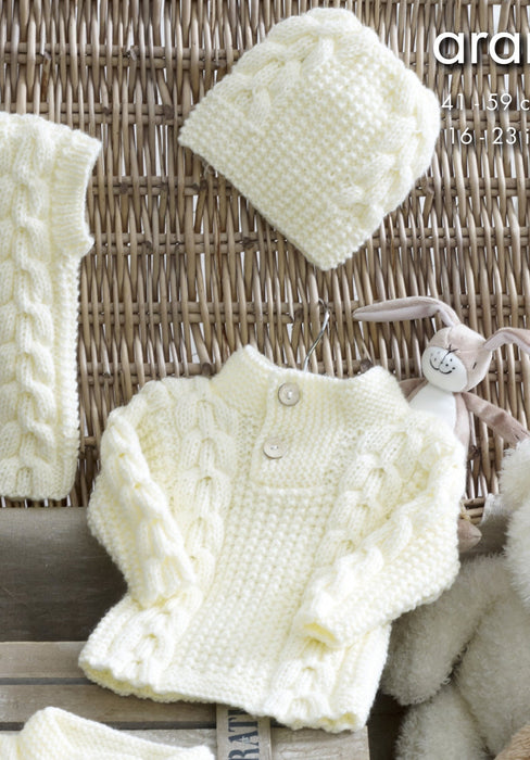 King Cole 5223 Aran Baby Knitting Pattern - Coat, Sweater, Gilet & Hat (3 Mnths to 3 Yrs)