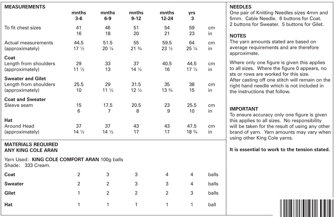 King Cole 5223 Aran Baby Knitting Pattern - Coat, Sweater, Gilet & Hat (3 Mnths to 3 Yrs)