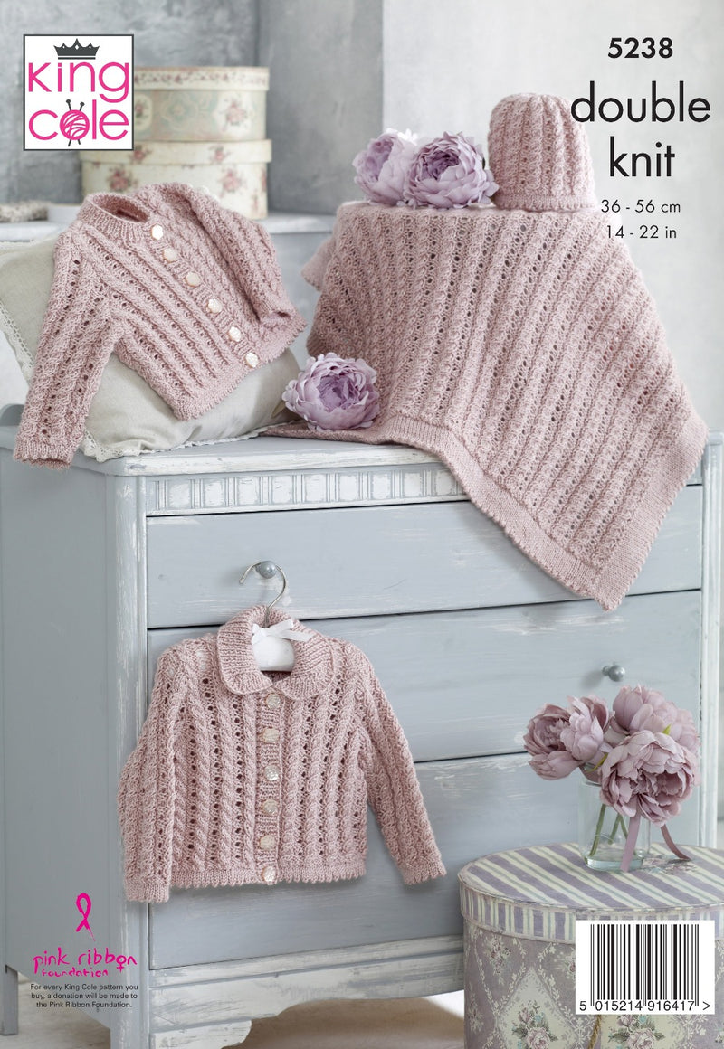 King Cole 5238 DK Knitting Pattern - Baby Cardigans, Blanket & Hat (14-22in)