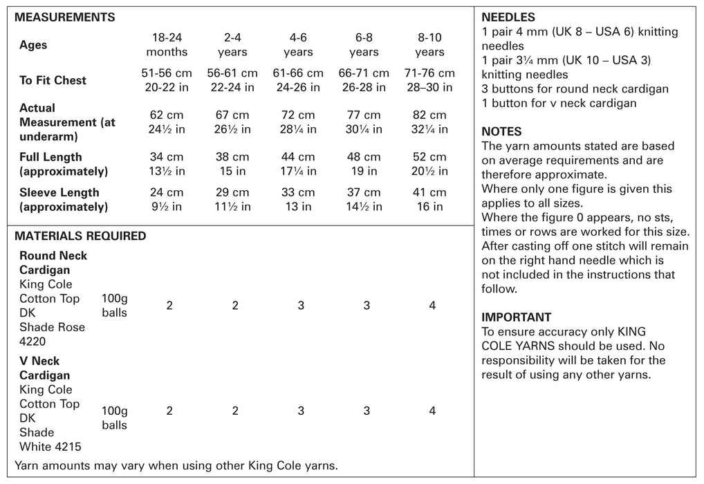 King Cole 5377 Double Knitting Pattern - Baby / Children's Cotton DK Cardigans 18 mnths - 10 yrs