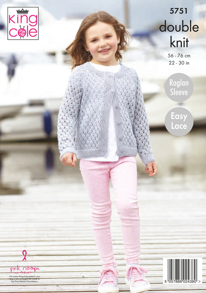 King Cole 5751 DK Knitting Pattern - Easy Lace Girls Sweater & Cardigan (22-30in)