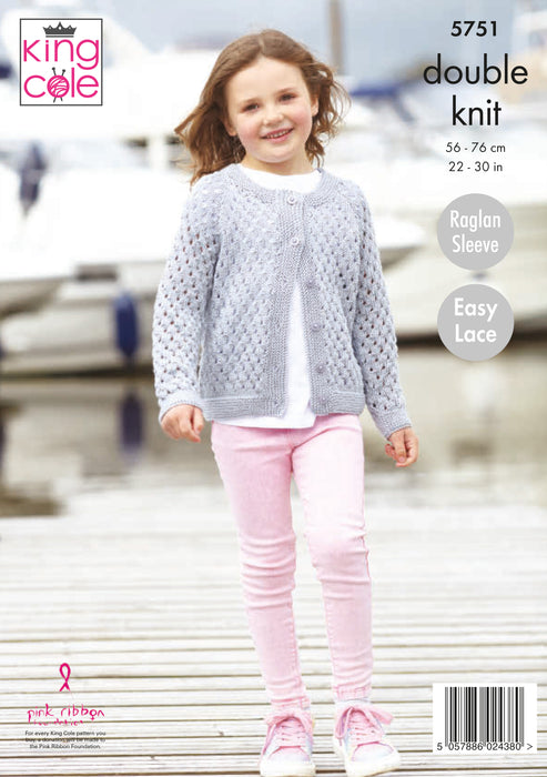King Cole 5751 Double Knitting Pattern - Easy Lace Sweater & Cardigan Knitted in Cottonsmooth DK (22-30in)